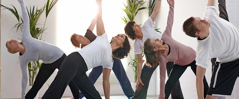 A group of athletic coworkers participate in a calming yoga class.