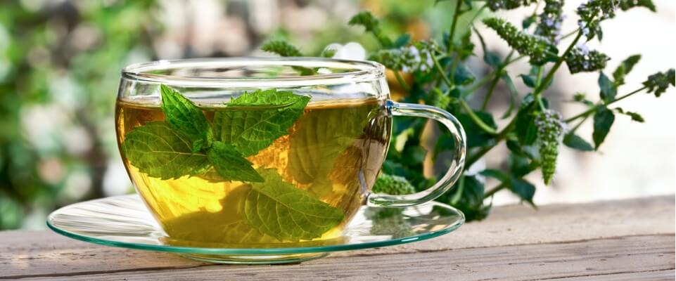 Tea cup on wooden table.
